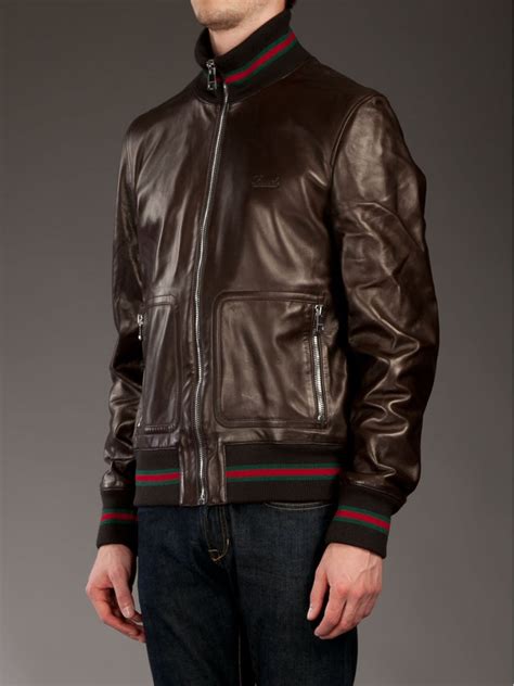 gucci mens brown leather jacket|gucci gg print jacket men's.